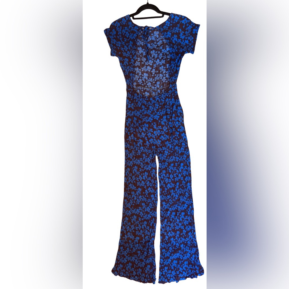 Free People “Two Paths” Smocked Blue & Brown Floral Jumpsuit Size S - Picture 3 of 11
